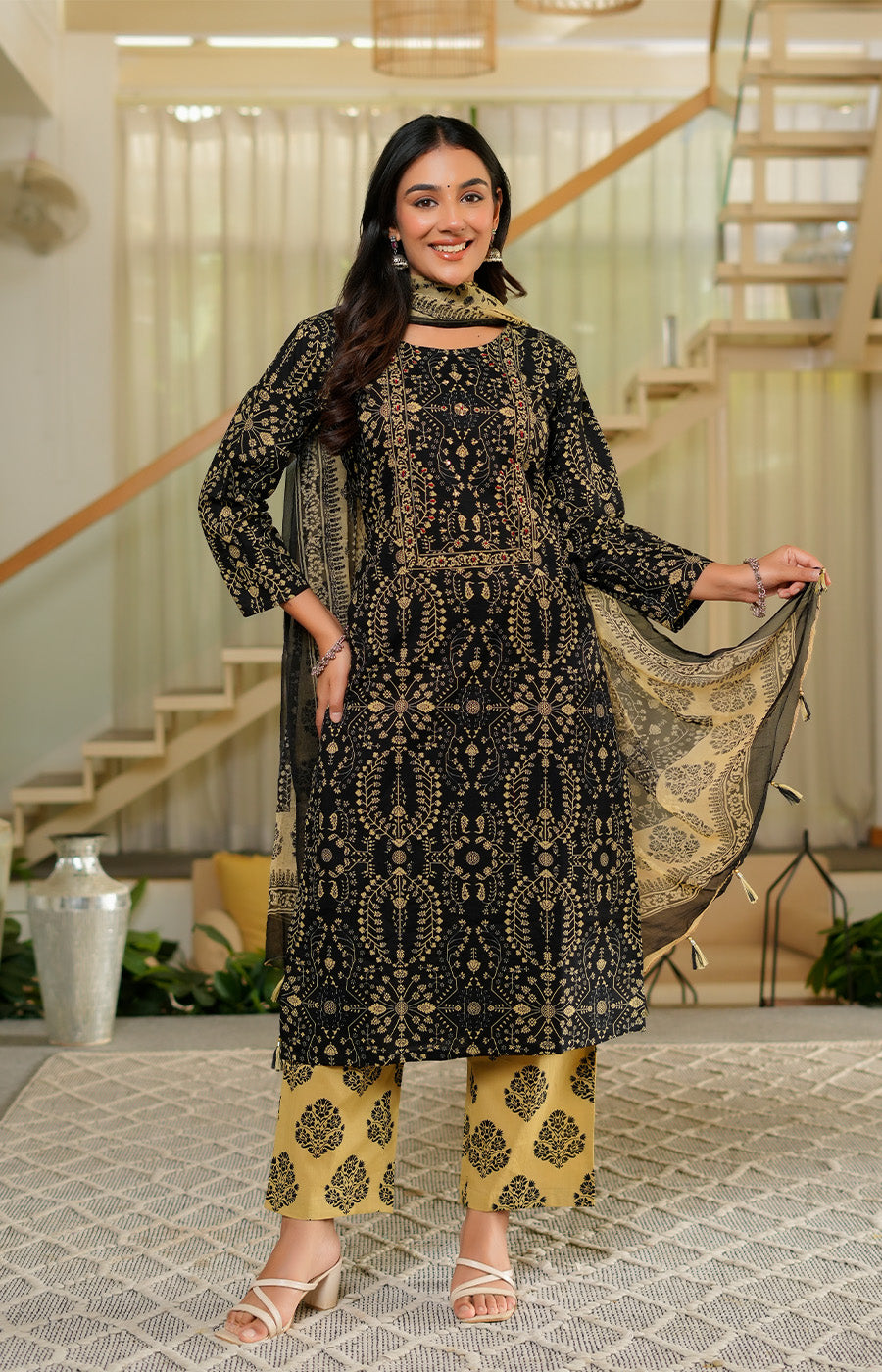 Gulnaar – Black Mustard Embroidered Kurta Set