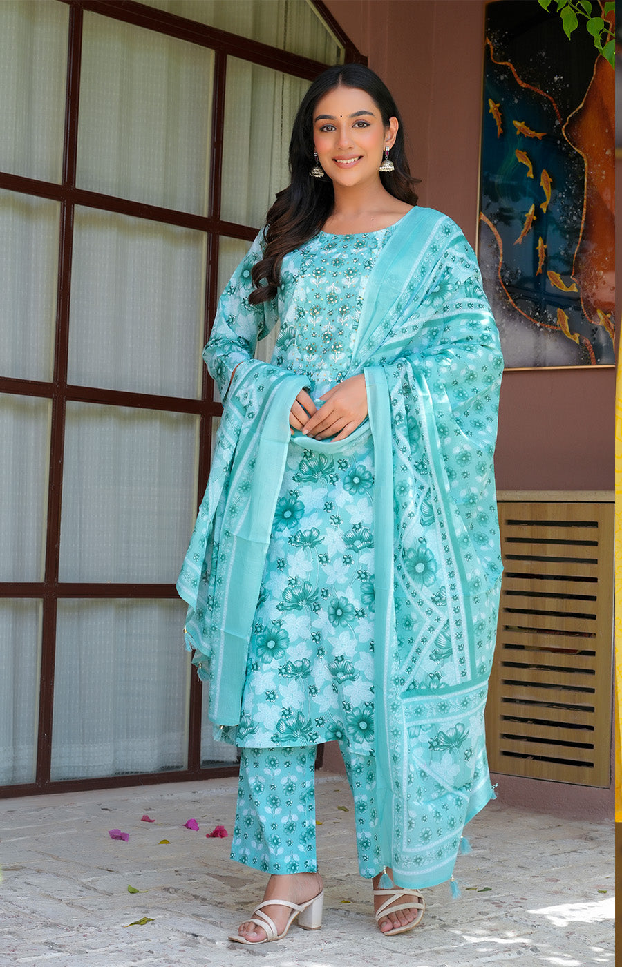 Eshana – Aqua Floral Embroidered Suit Set