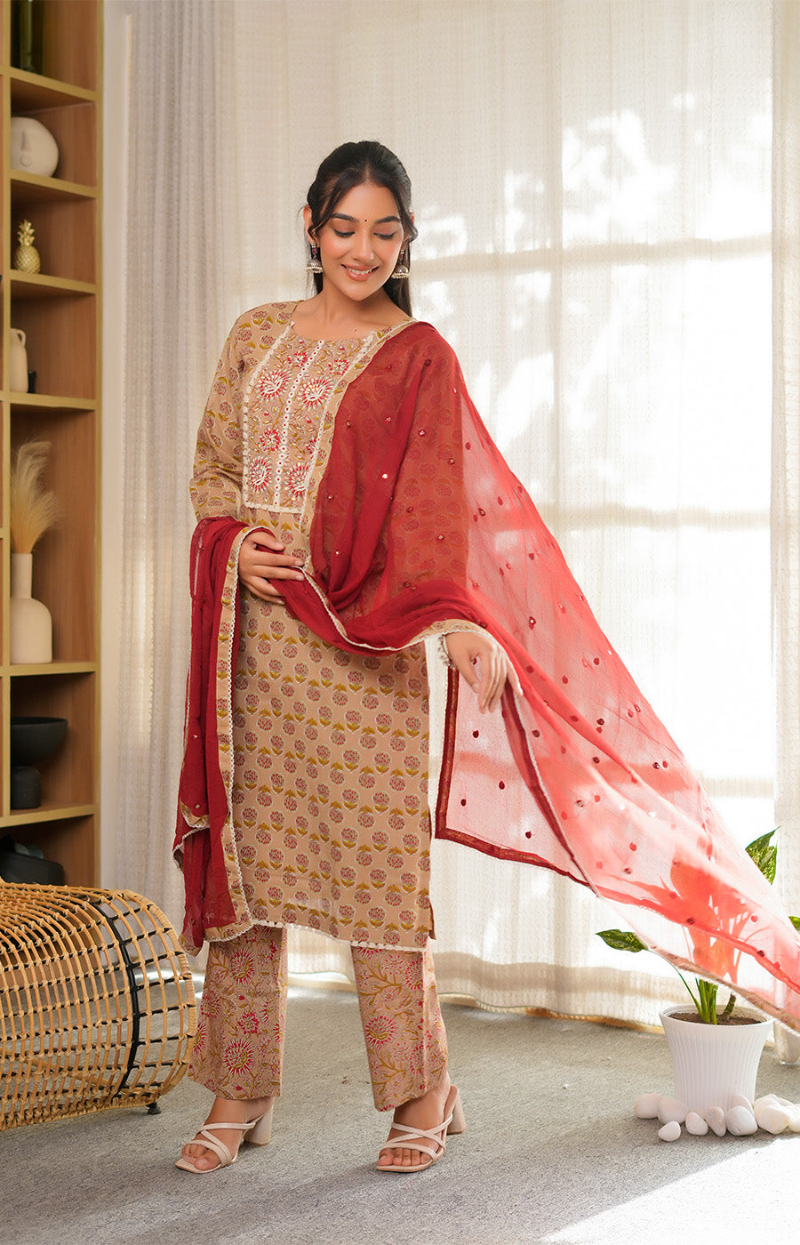 Abeer – Beige Printed Straight Kurta Set