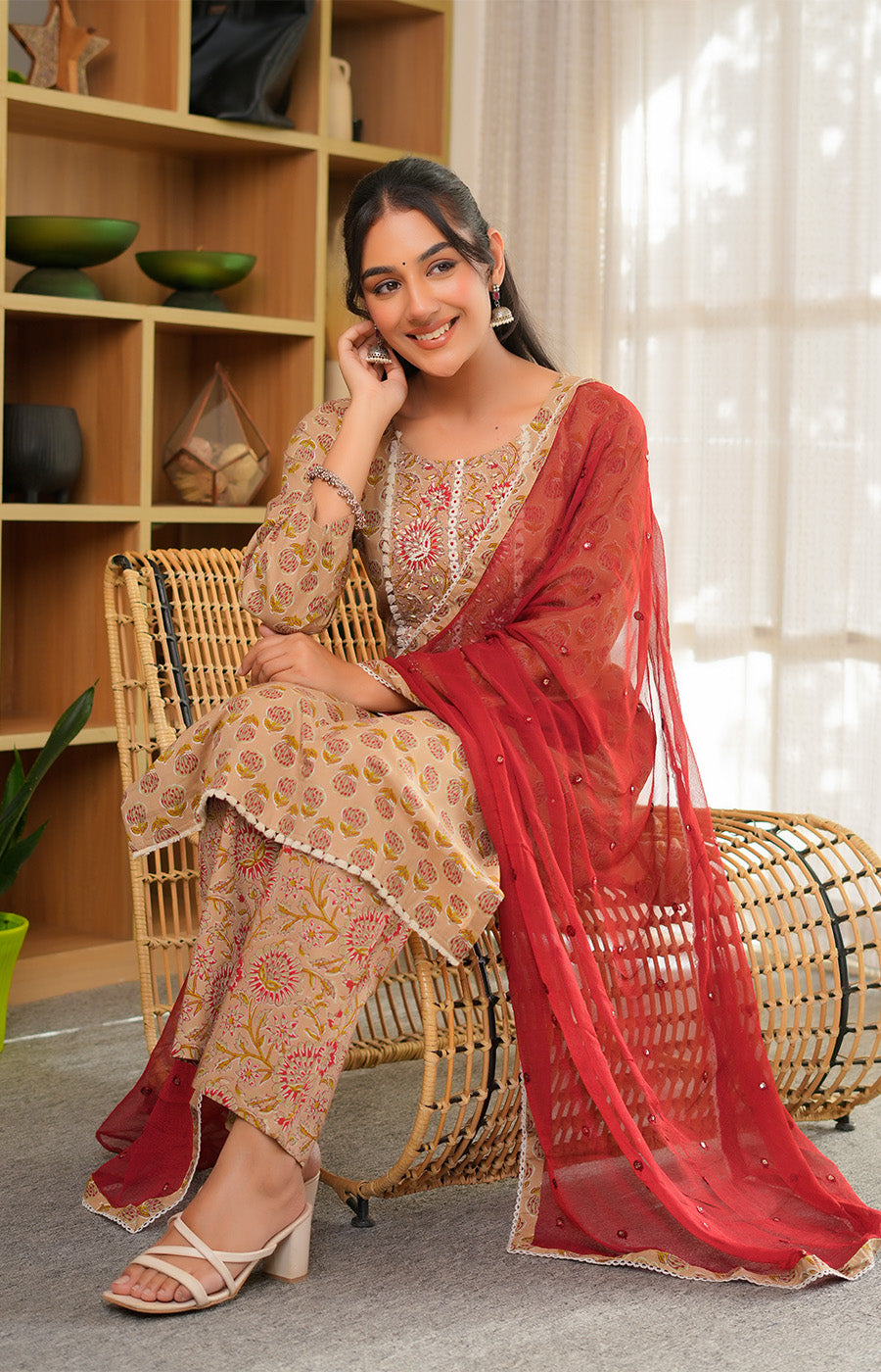 Abeer – Beige Printed Straight Kurta Set