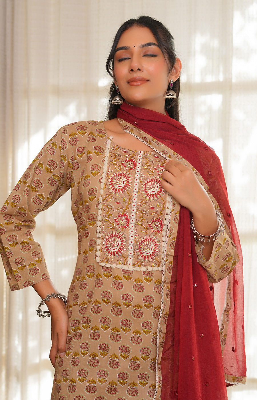 Abeer – Beige Printed Straight Kurta Set