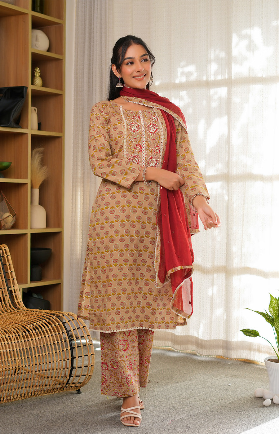 Abeer – Beige Printed Straight Kurta Set