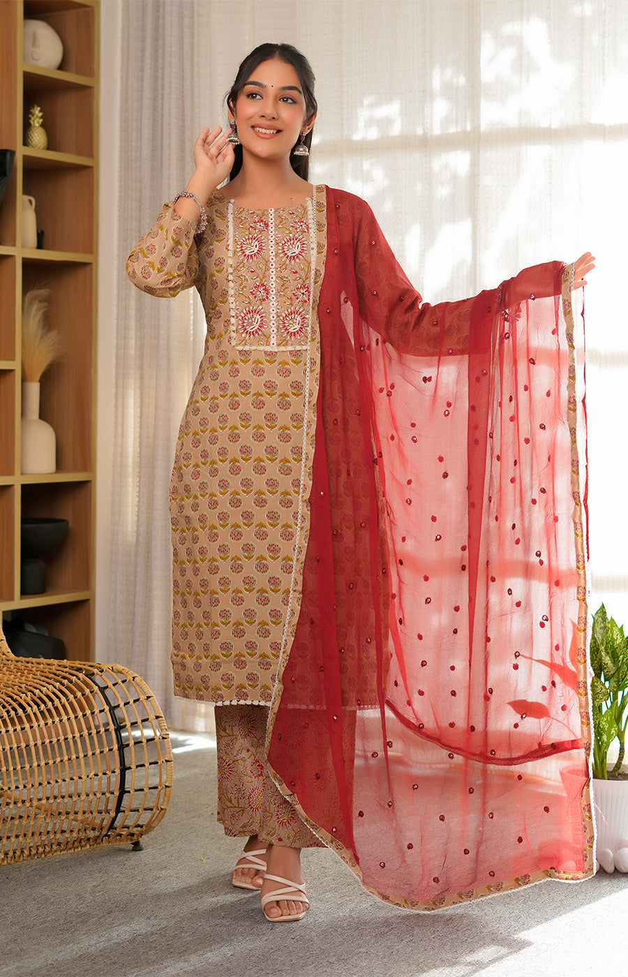 Abeer – Beige Printed Straight Kurta Set