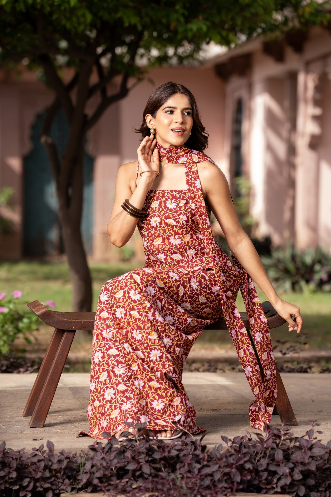Earthy Print Long Straight Dress With Stole